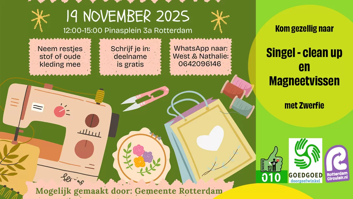 Woensdag 19 november: Pop-up Milieupark, Naaiworkshop & Singel Clean-up